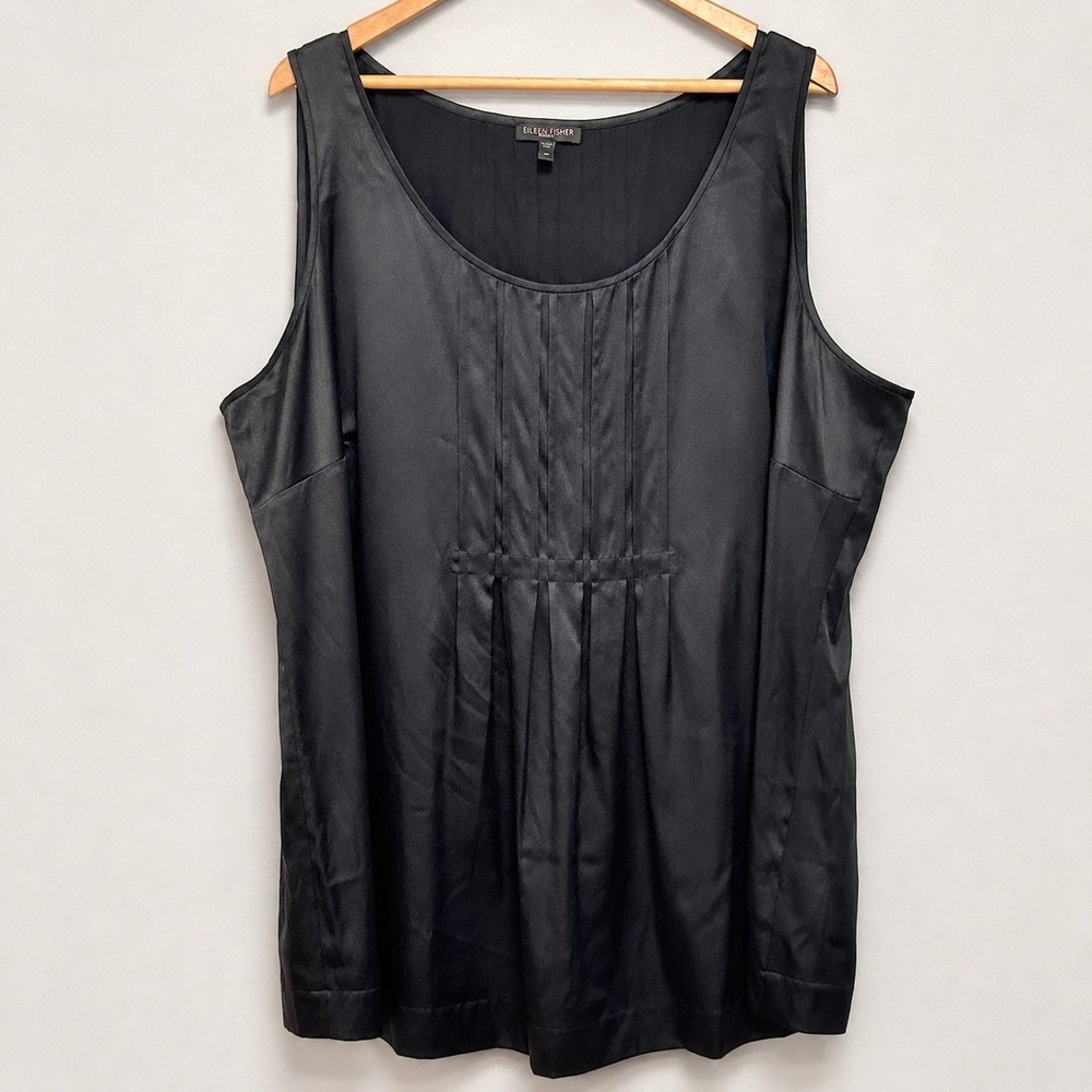 Eileen Fisher Silk Tunic 2X Black Stretch Sleeveless Pleated Long Lagenlook